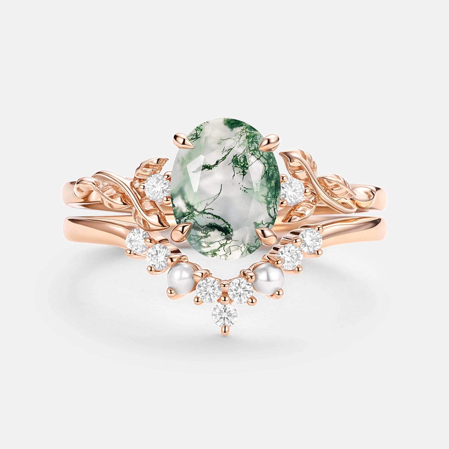 Crisp Lines Stylish Moment Oval Cut Moss Agate Leafy Gold Ring Set 2pcs - Clover