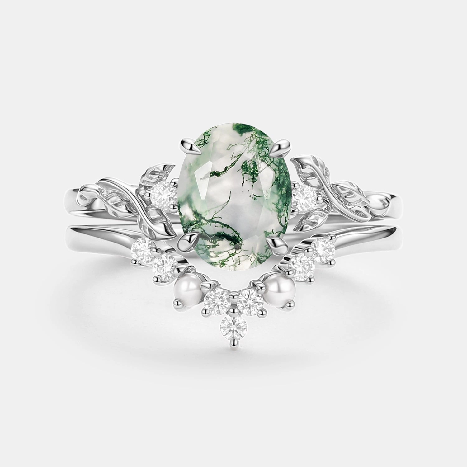 Soft Tone Handmade Elegance Oval Cut Moss Agate Leafy Gold Ring Set 2pcs - Clover