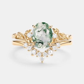 Distinctive pieces Shiny Lines Oval Cut Moss Agate Leafy Gold Ring Set 2pcs - Clover