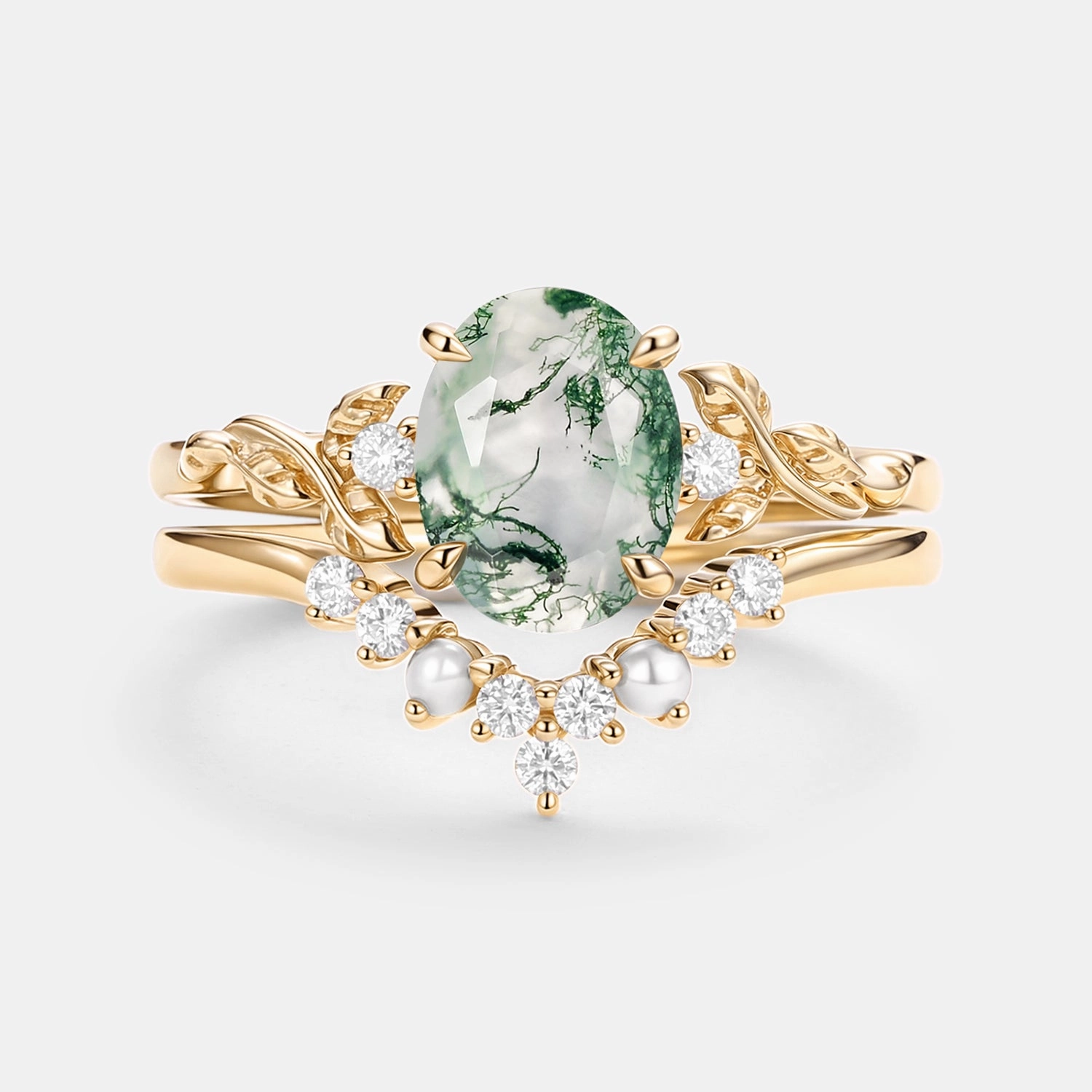 Distinctive pieces Shiny Lines Oval Cut Moss Agate Leafy Gold Ring Set 2pcs - Clover