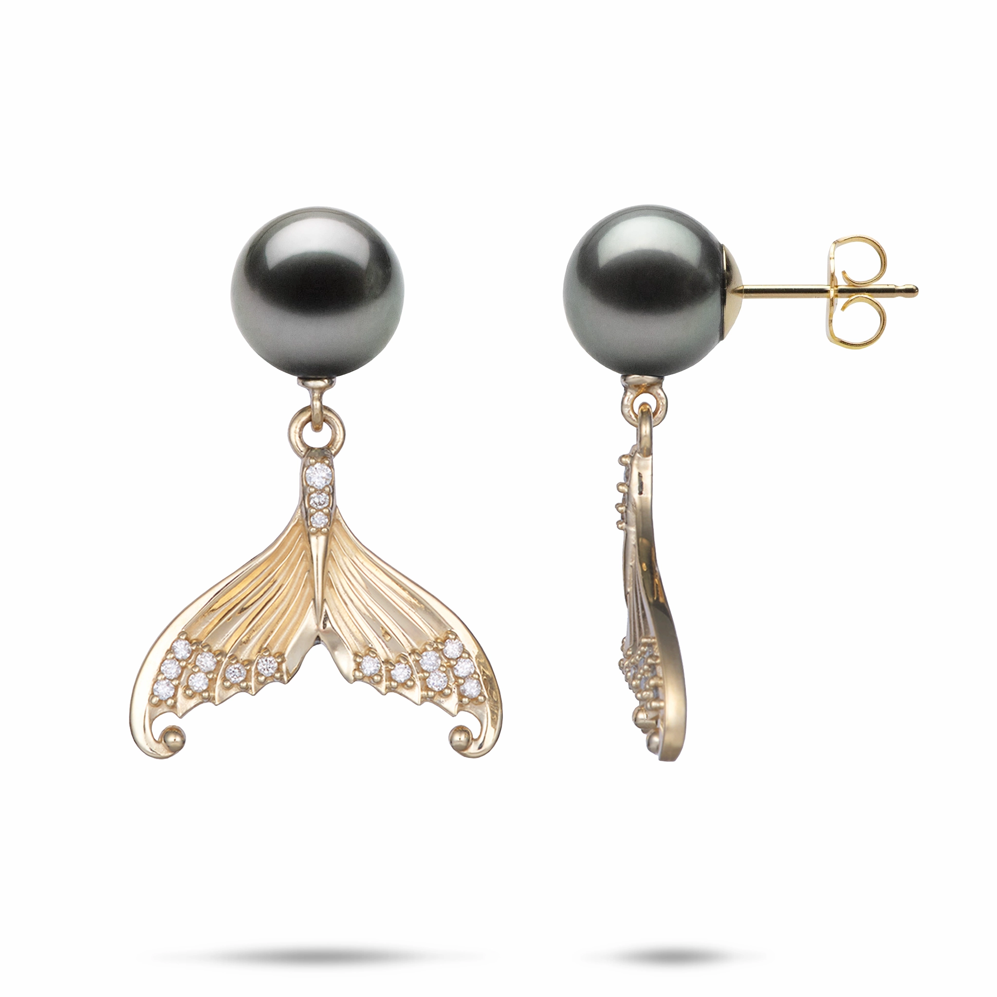 Runway Inspired Evening Wear Moon Mermaid Tail Tahitian Black Pearl Earrings in Gold with Diamonds - 9-10mm