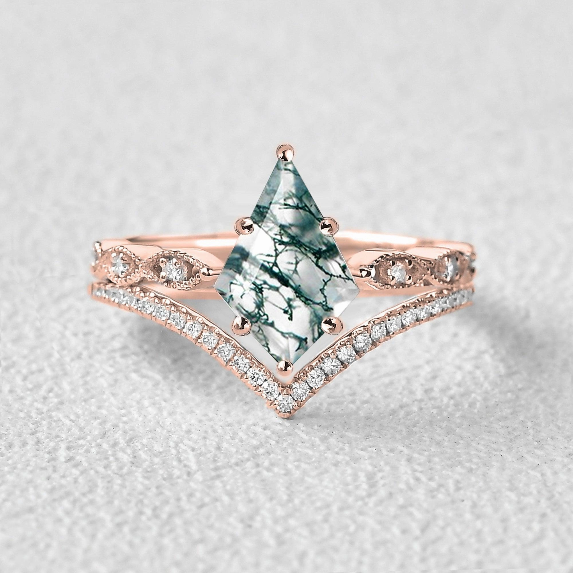 Smooth Curve Kite Cut Moss Agate Art-Deco Engagement Ring Set 2pcs