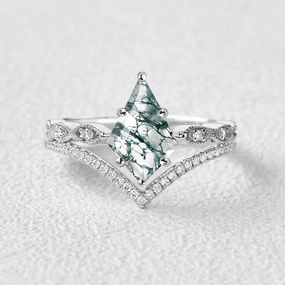 Luxe style Kite Cut Moss Agate Art-Deco Engagement Ring Set 2pcs