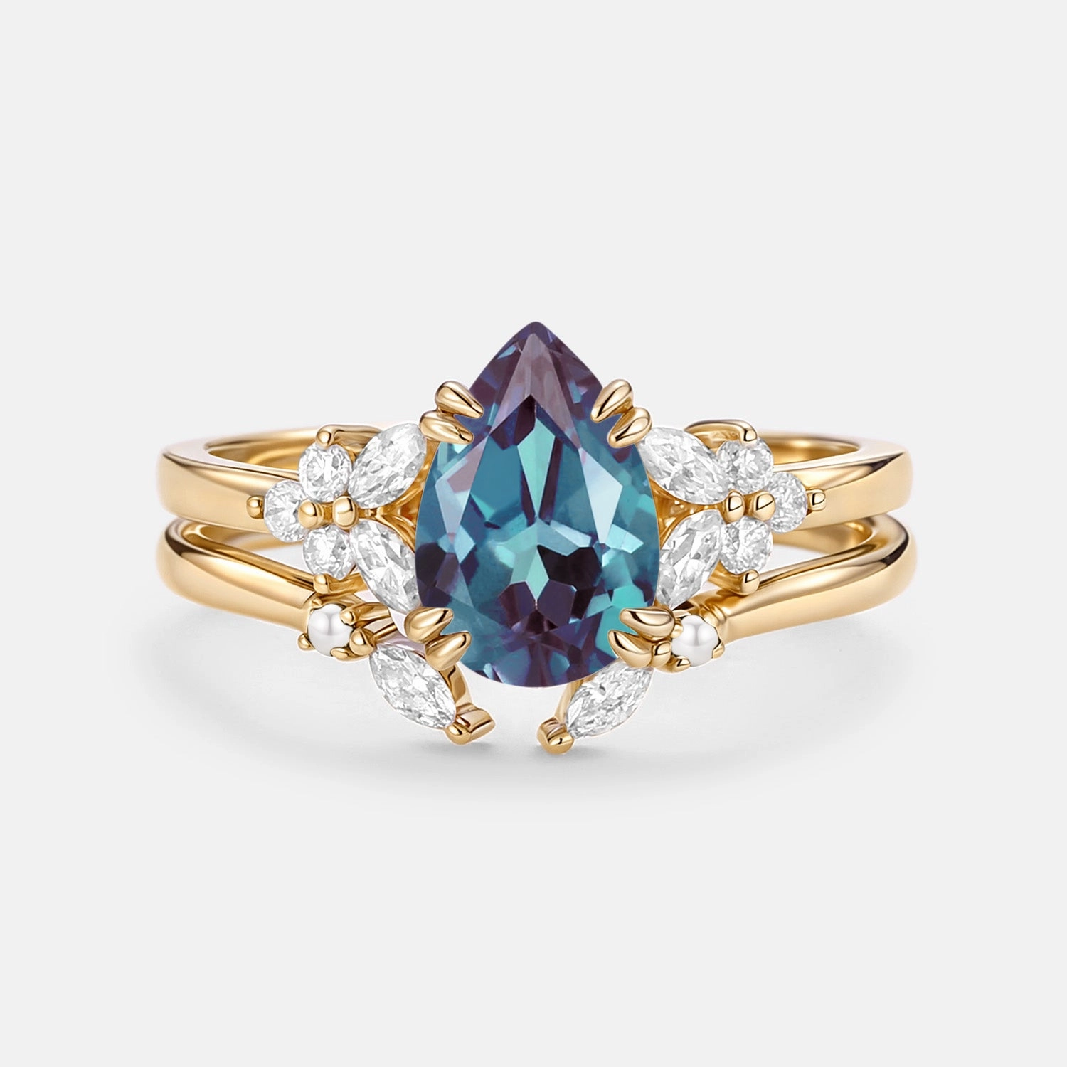 Cluster Pear Shaped Lab Alexandrite Chevron Gold Ring Set 2pcs - Anya Contemporary Detail
