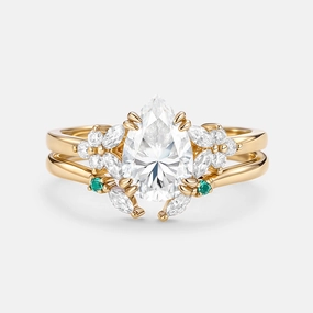 Cluster Pear Shaped Moissanite Chevron Gold Ring Set 2pcs - Anya Fresh Look Chic Ensemble