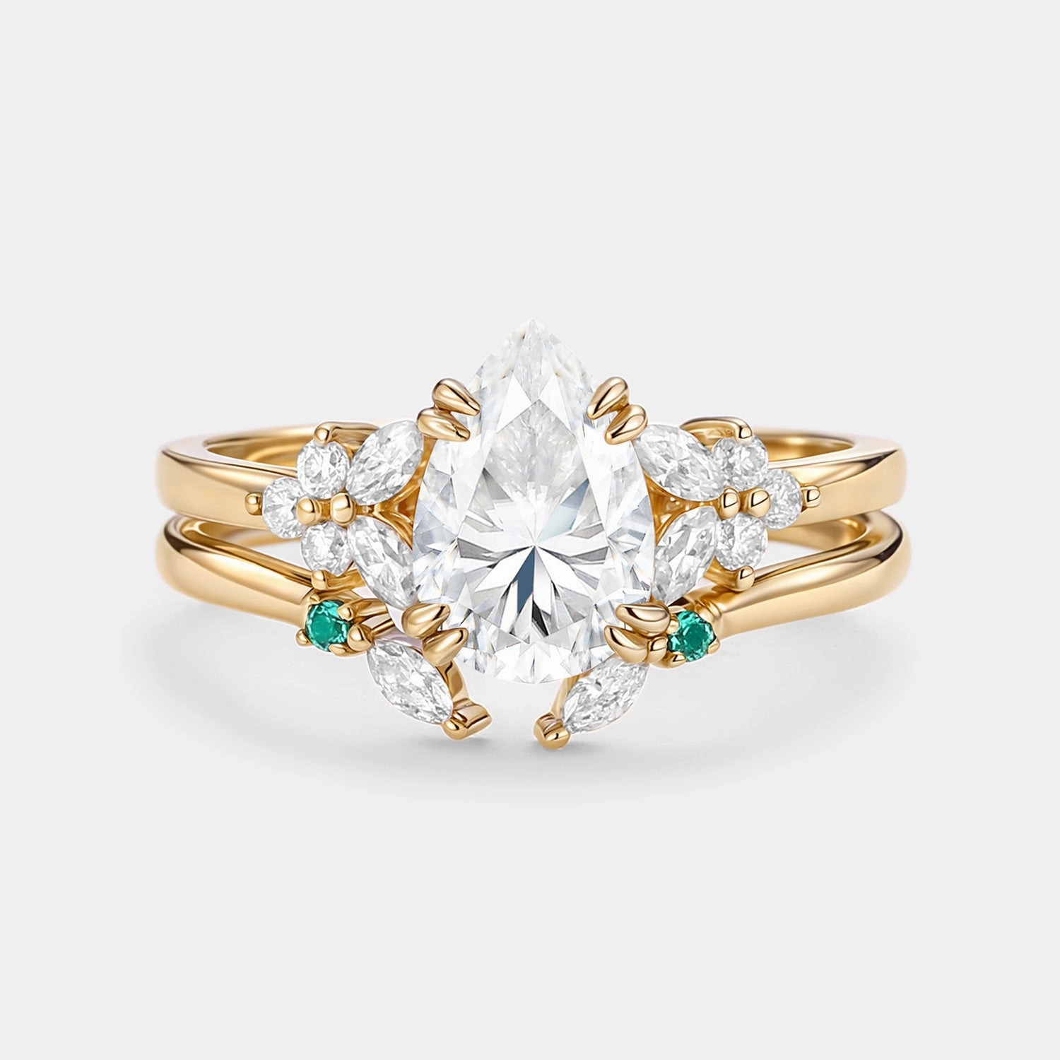 Cluster Pear Shaped Moissanite Chevron Gold Ring Set 2pcs - Anya Fresh Look Chic Ensemble