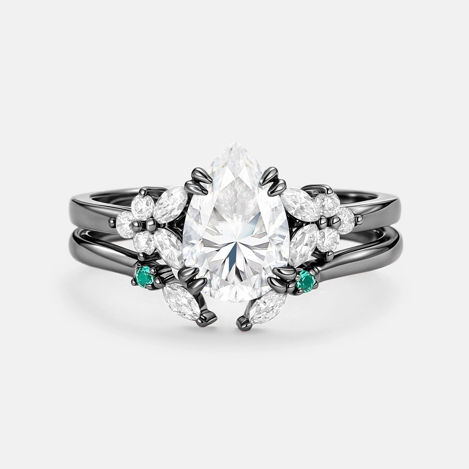 Cluster Pear Shaped Moissanite Chevron Gold Ring Set 2pcs - Anya Beauty Fit