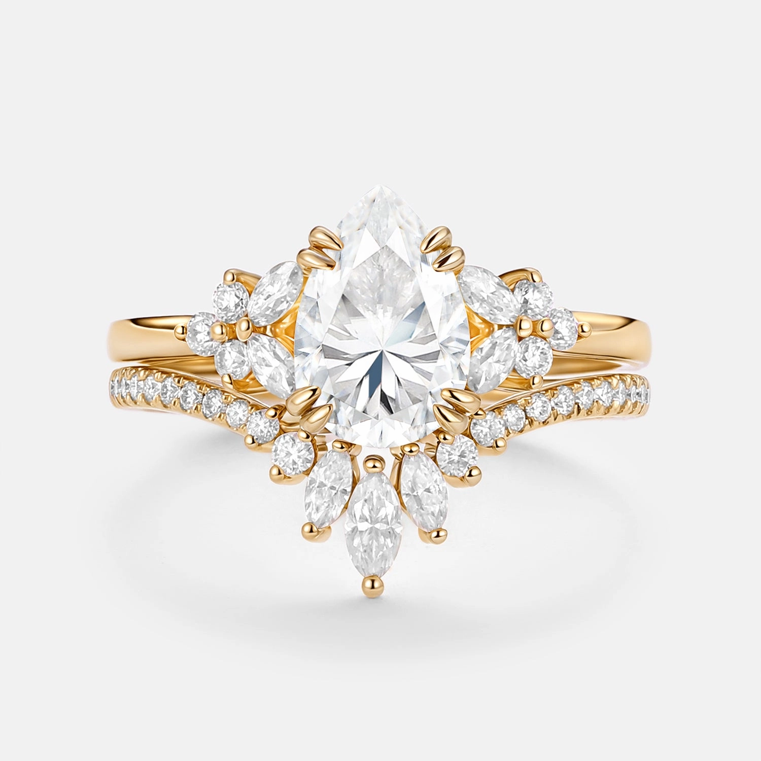 Modern Minimal Cluster Pear Shaped Moissanite Chevron Gold Ring Set 2pcs - Della