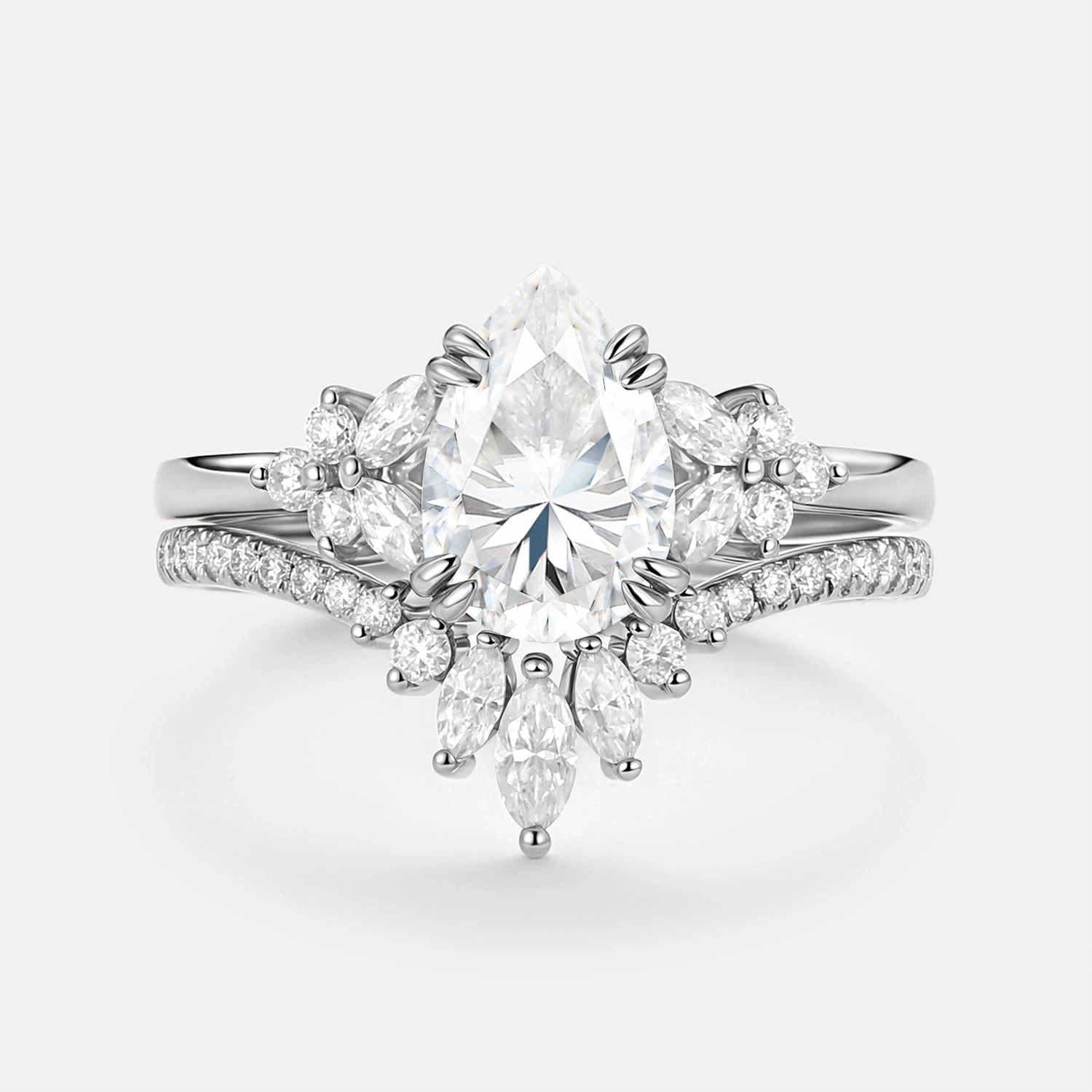 Cluster Pear Shaped Moissanite Chevron Gold Ring Set 2pcs - Della Glamorous Jewelry New Arrival