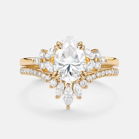 Modern Minimal Cluster Pear Shaped Moissanite Chevron Gold Ring Set 2pcs - Della