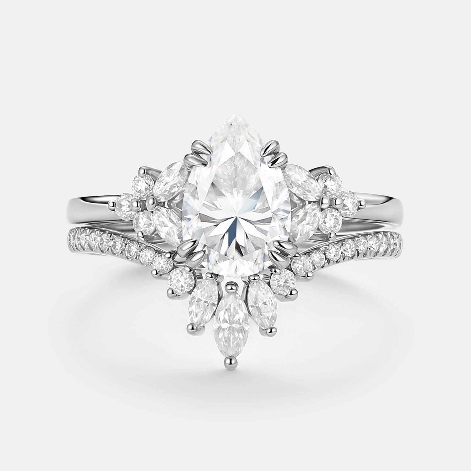 Cluster Pear Shaped Moissanite Chevron Gold Ring Set 2pcs - Della Style Pop Timeless Accent