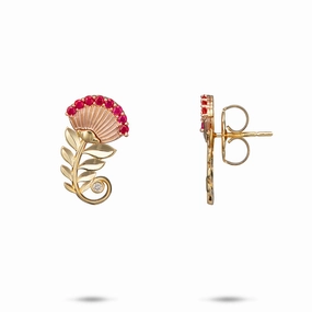 Splendid Decoration Luxurious Accent ???hi?a Lehua Ruby Earrings in Two Tone Gold with Diamonds - 19mm
