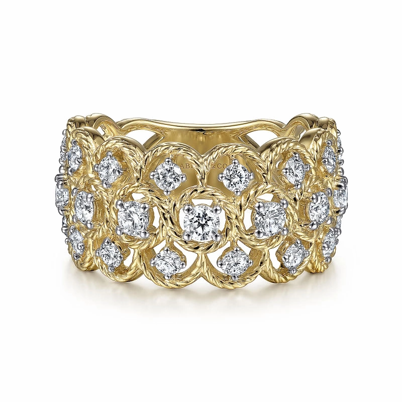 Handcrafted Object Minimal Design Wide 14K Yellow Gold Twisted Rope Diamond Wide Band Ring