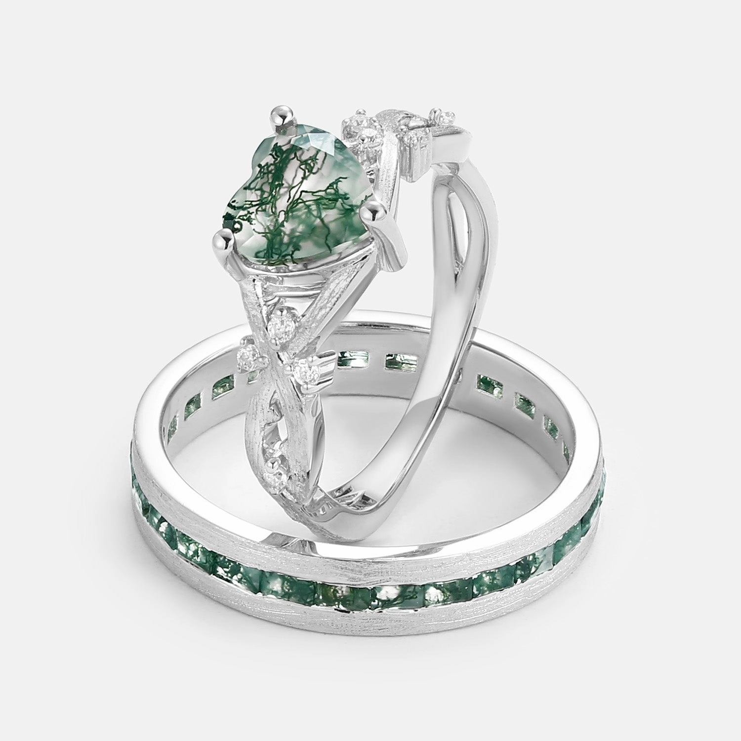 Heart Shape Moss Agate Infinity Couple Ring Set 2pcs Wedding Style Timeless Detail