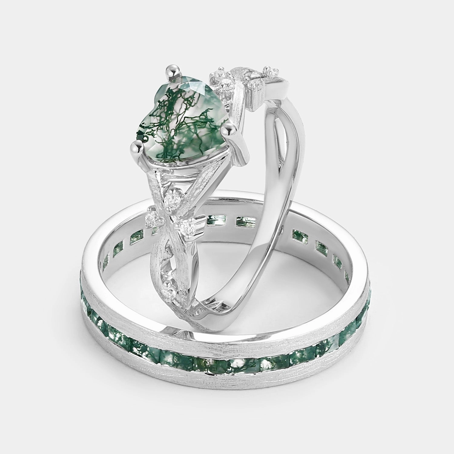 Heart Shape Moss Agate Infinity Couple Ring Set 2pcs Personalized Style Lustrous Glow