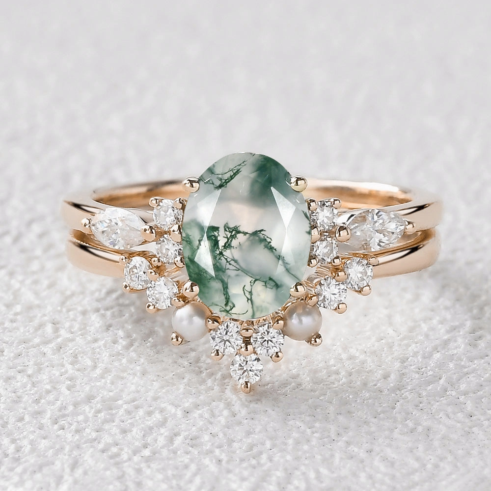 1.5ct Oval Cut Moss Agate Stacking Pearl Engagement Ring Set 2pcs Vibrant Spark Luxury Flow