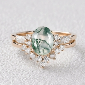 1.5ct Oval Cut Moss Agate Stacking Pearl Engagement Ring Set 2pcs Vibrant Spark Luxury Flow