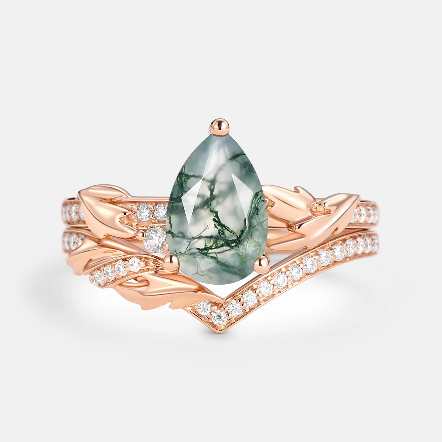 Dazzling Highlight Vibrant Jewelry Shine Finish 1.5ct Pear Cut Moss Agate Leafy Engagement Ring Set 2pcs