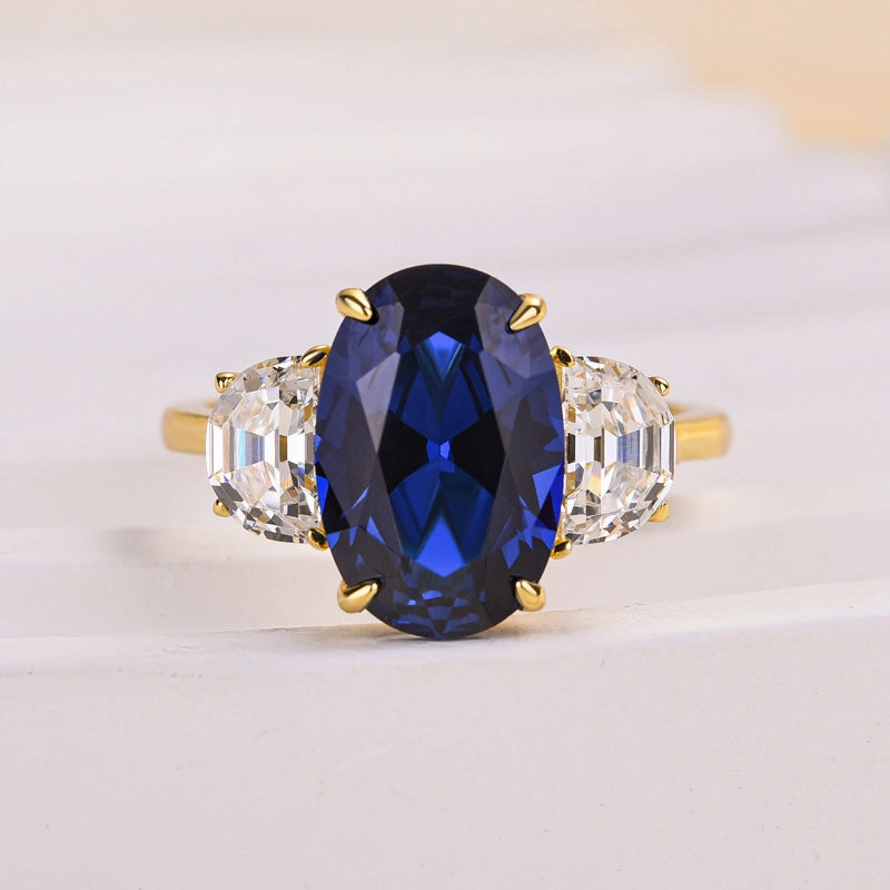 Ethereal Vibe Luminous Glow Louily Yellow Gold 3.5 Carat Blue Sapphire Oval Cut Three Stone Engagement Ring In Sterling Silver