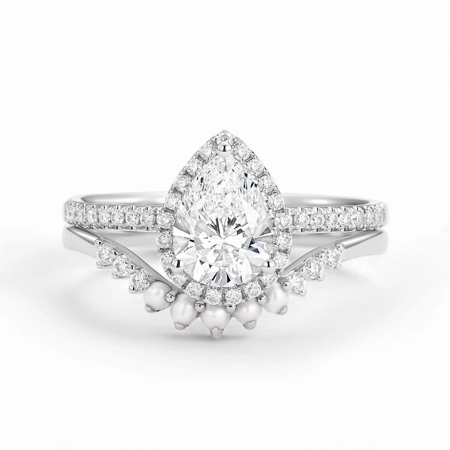 Understated Finish 1.0ct Lab Grown Diamond Pear Halo Ring Set 2pcs