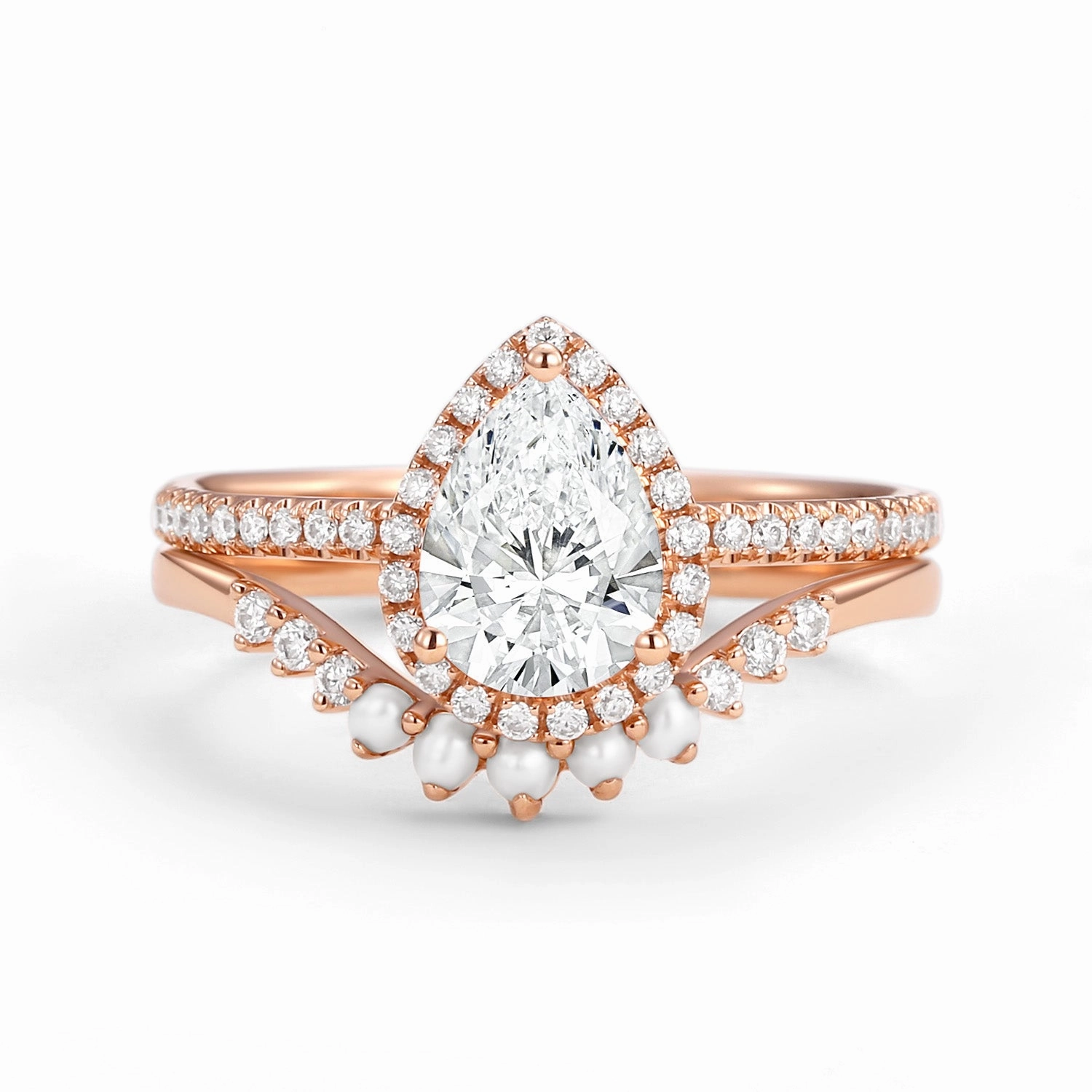 Sleek Glamour Minimal Appeal 1.0ct Lab Grown Diamond Pear Halo Ring Set 2pcs