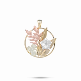 Sculpted Accent Hawaiian Gardens Hibiscus Pendant in Four Tone Gold with Diamonds - 20mm