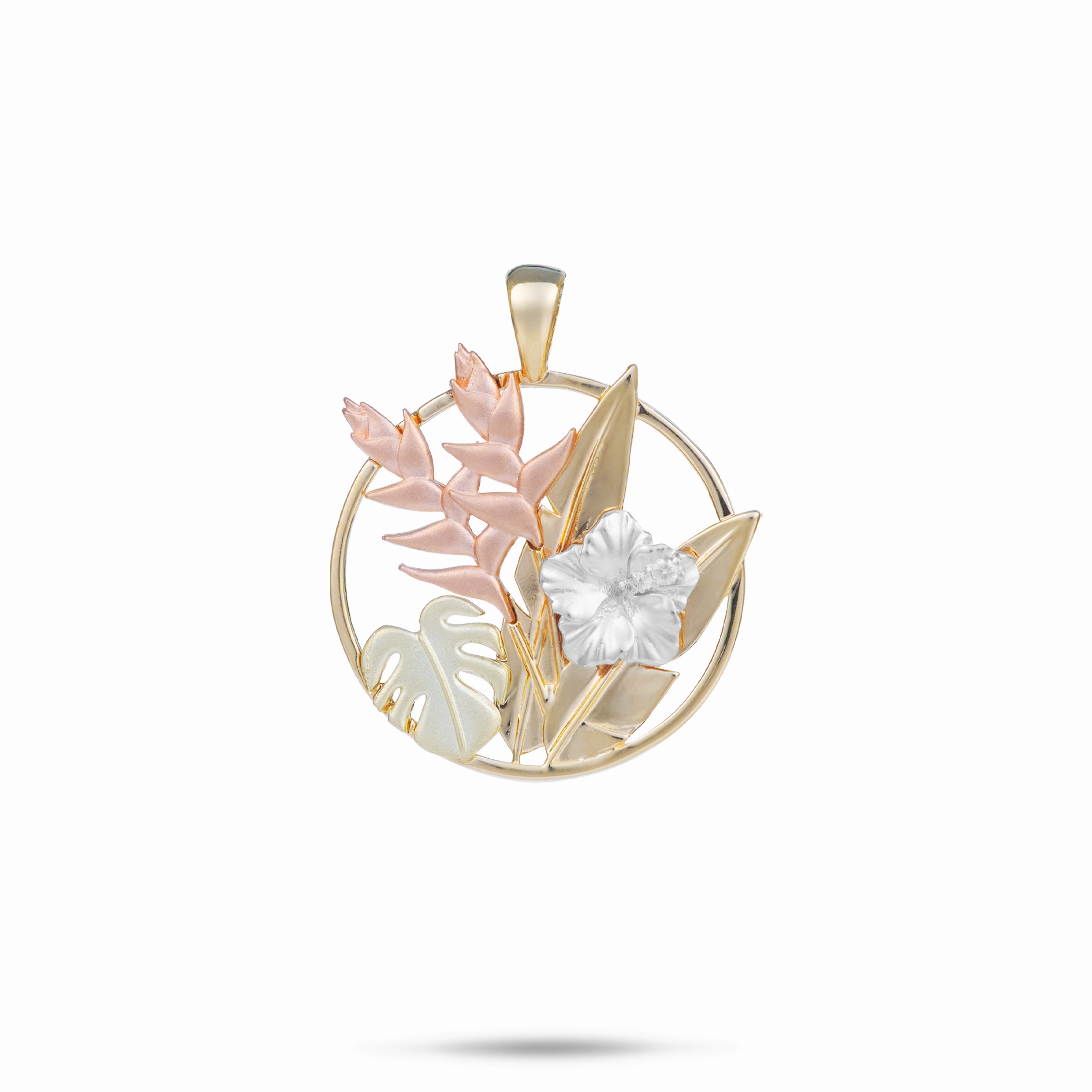 Sculpted Accent Hawaiian Gardens Hibiscus Pendant in Four Tone Gold with Diamonds - 20mm