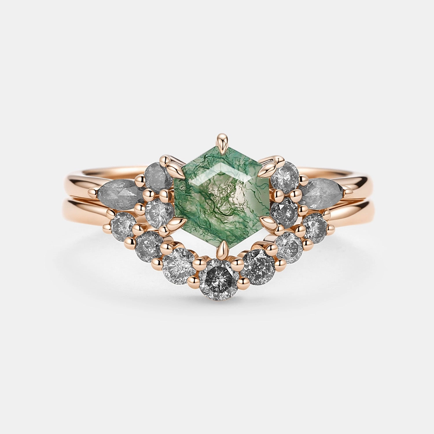 Moss Agate & Salt and Pepper Diamond Cluster Hexagon Engagement Ring Set 2pcs - Pebble Bold Layer