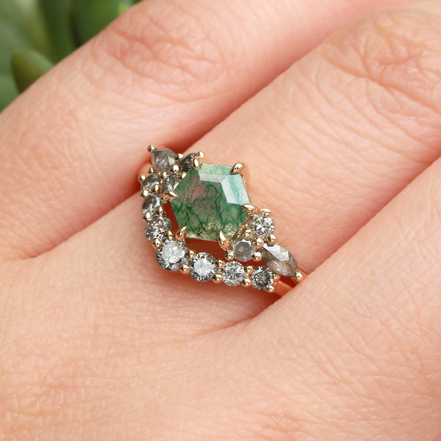 refined design Moss Agate & Salt and Pepper Diamond Cluster Hexagon Engagement Ring Set 2pcs - Pebble