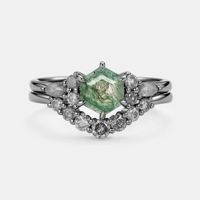 Custom Finish Moss Agate & Salt and Pepper Diamond Cluster Hexagon Engagement Ring Set 2pcs - Pebble