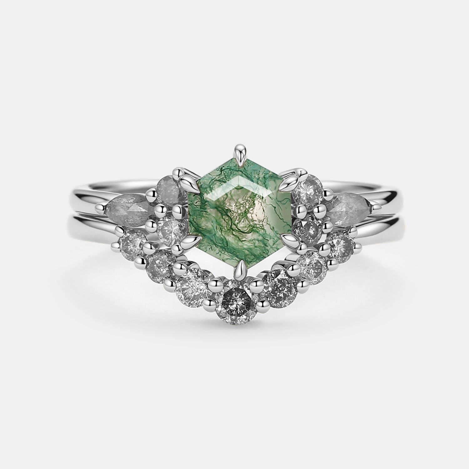 Moss Agate & Salt and Pepper Diamond Cluster Hexagon Engagement Ring Set 2pcs - Pebble Polished Element