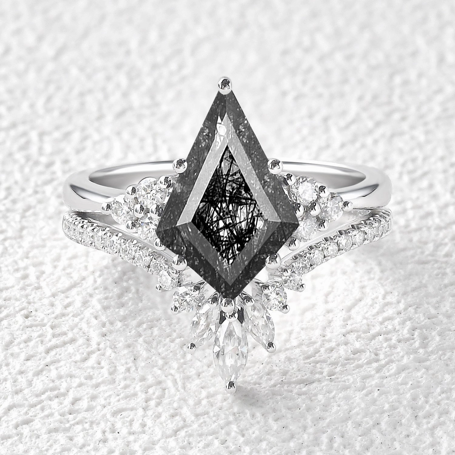 Natural Details True Touch Unique Black Rutilated Quartz Big Engagement Ring Set 2pcs - Lydia