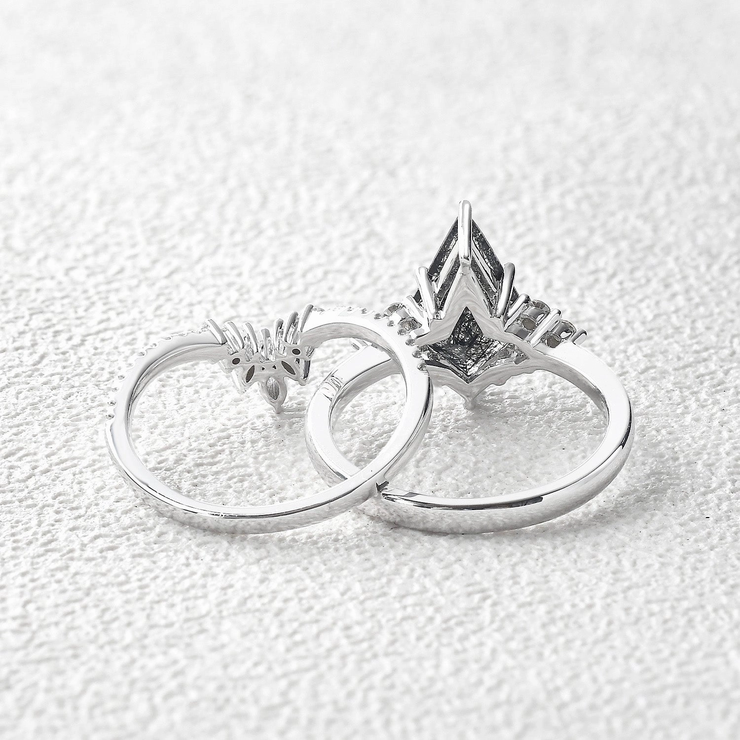 Elegant Focus Dazzling Highlight Unique Black Rutilated Quartz Big Engagement Ring Set 2pcs - Lydia