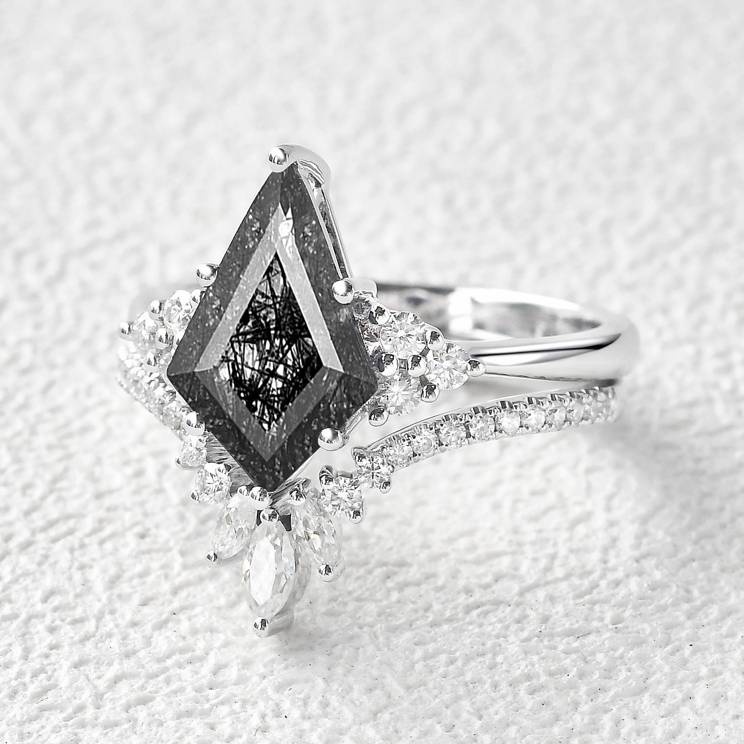 Unique Black Rutilated Quartz Big Engagement Ring Set 2pcs - Lydia Chic Style Handcrafted Art