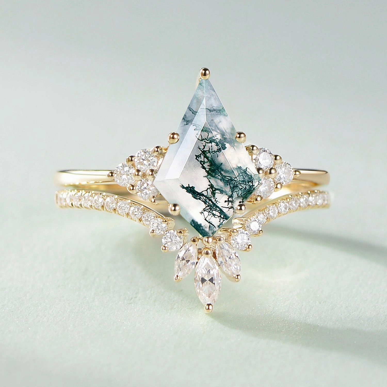 Evening Shine Unique Black Rutilated Quartz Big Engagement Ring Set 2pcs - Lydia