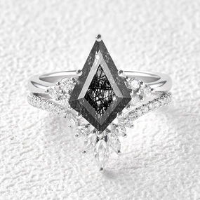 Unique Black Rutilated Quartz Big Engagement Ring Set 2pcs - Lydia Opulent Look