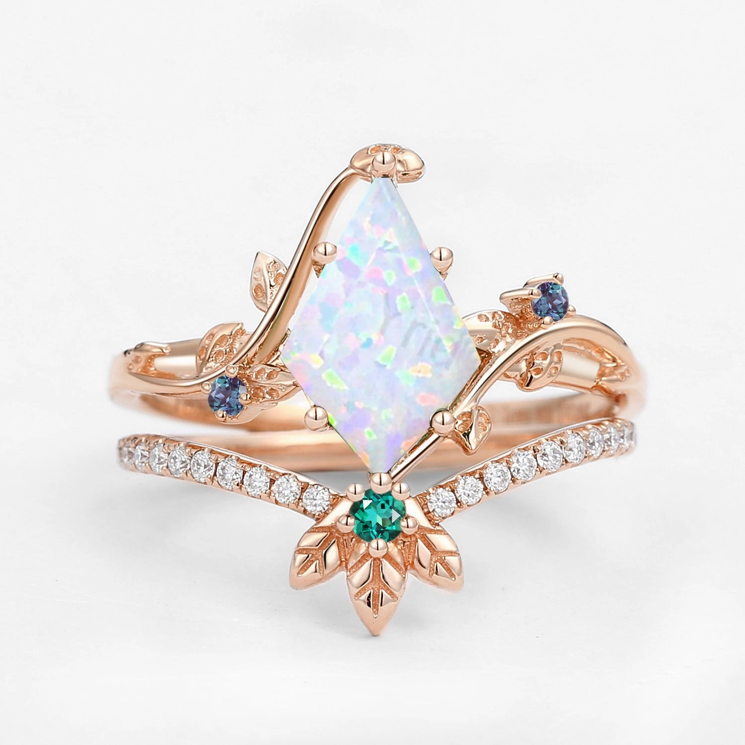 Trendy Accent Unique Opal & Alexandrite & Emerald Three Leaves Engagement Ring Set 2pcs - Mermaid
