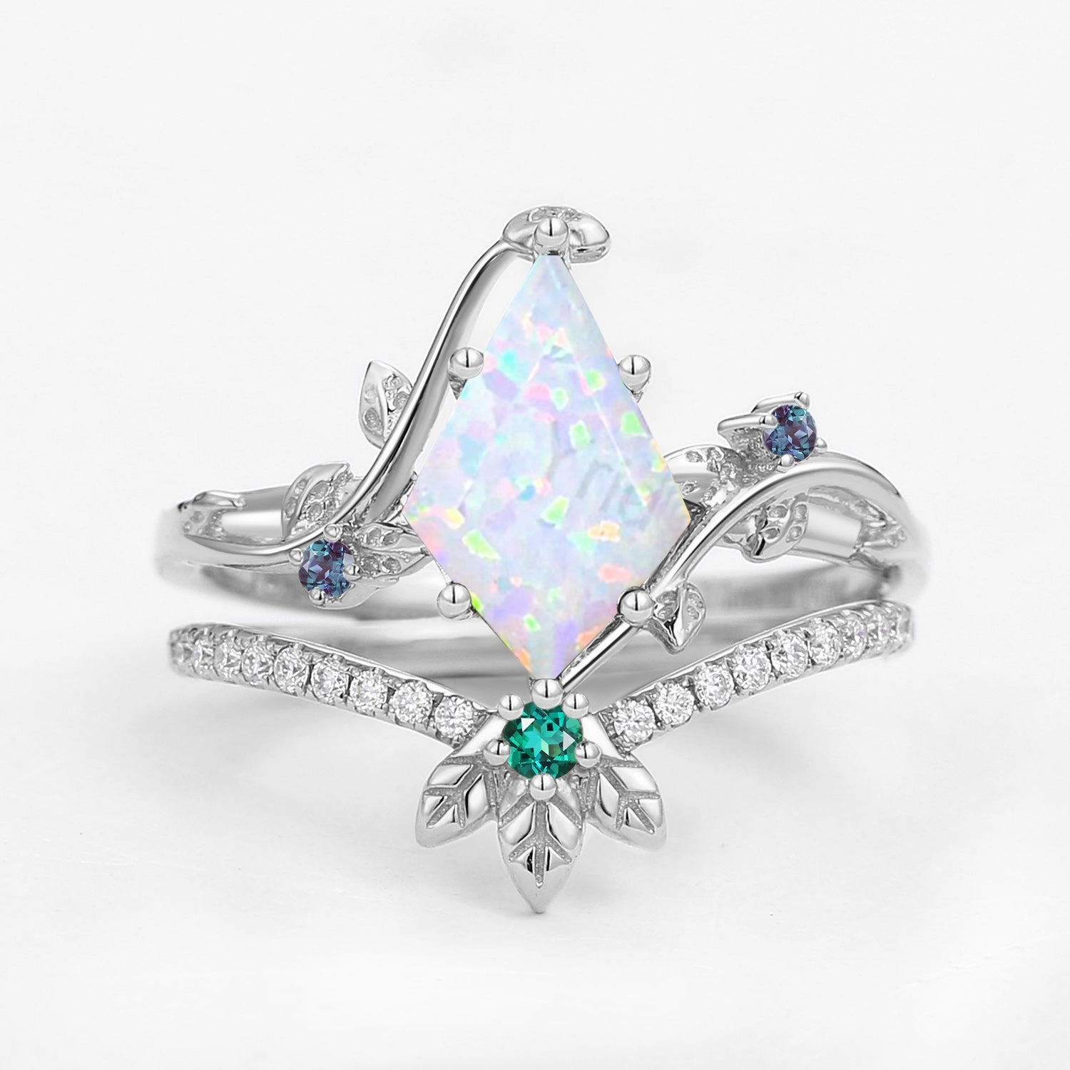 Contemporary Feel Unique Opal & Alexandrite & Emerald Three Leaves Engagement Ring Set 2pcs - Mermaid