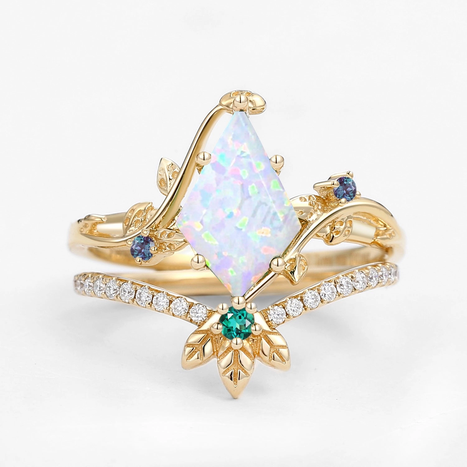 Bold Moment Unique Opal & Alexandrite & Emerald Three Leaves Engagement Ring Set 2pcs - Mermaid