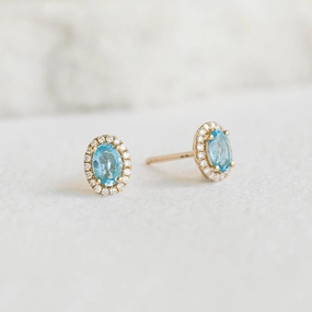 Swiss Blue Topaz Halo Stud Earrings 14k Gold - Marzia Minimalist Appearance