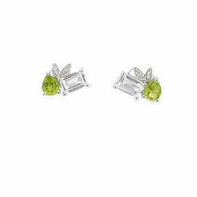 Pearlescent Accessory Oval Ornament Two-Stone Peridot and White Topaz Diamond Earrings