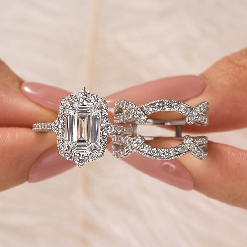 Custom Styling 3.5Ct Emerald Cut Halo Engagement Ring With Engagement Ring Enhancer