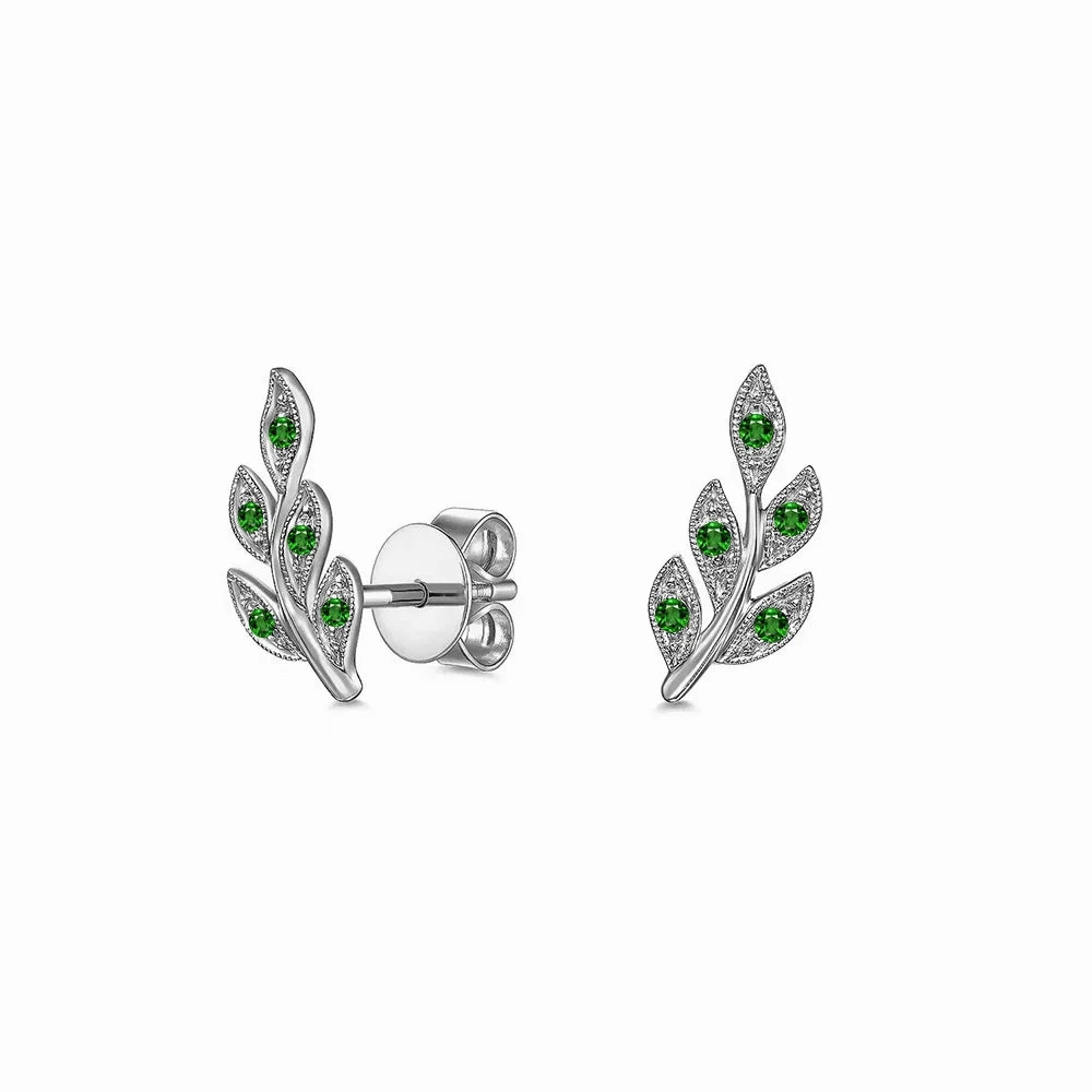 Fresh Highlight Soft Focus Couture Botanical Foliage Lab Grown Emerald Stud Earrings