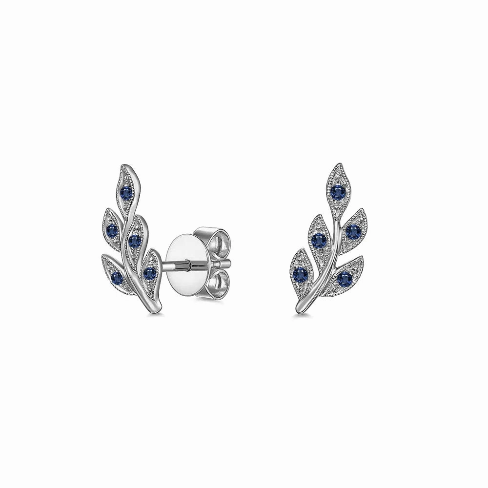 Creative Design Couture Botanical Foliage Lab Grown Sapphire Stud Earrings