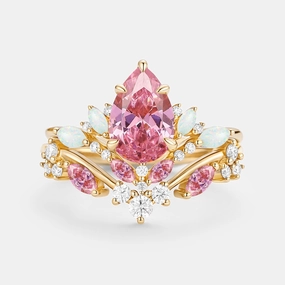 Modern Duo Pear Cut Lab Pink Sapphire & Lab Opal Leafy Ring Sets 2pcs - Nectar
