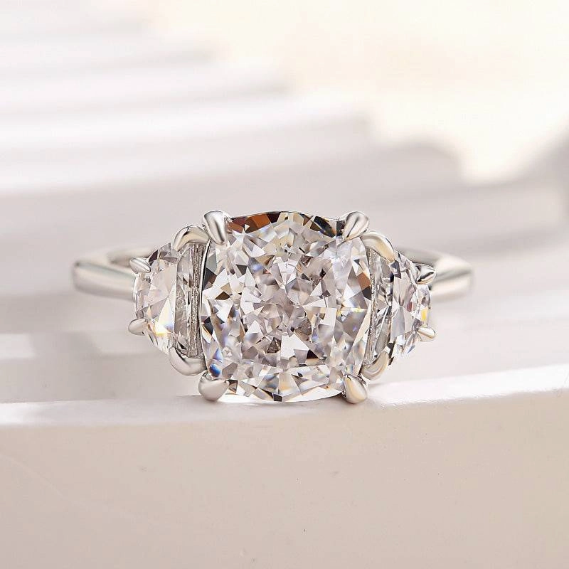 Ethereal Feature Delicate Edge Louily Elegant Cushion Cut Three Stone Engagement Ring In Sterling Silver