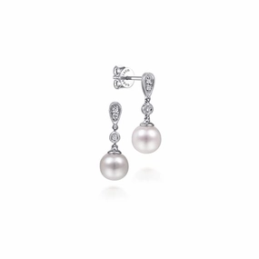 Retro accessory 14K White Gold Vintage Inspired Style Diamond Pearl Drop Earrings