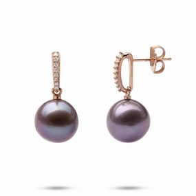 Ultraviolet Pearl Earrings in Rose Gold with Diamonds - 11-12mm Creative Jewelry