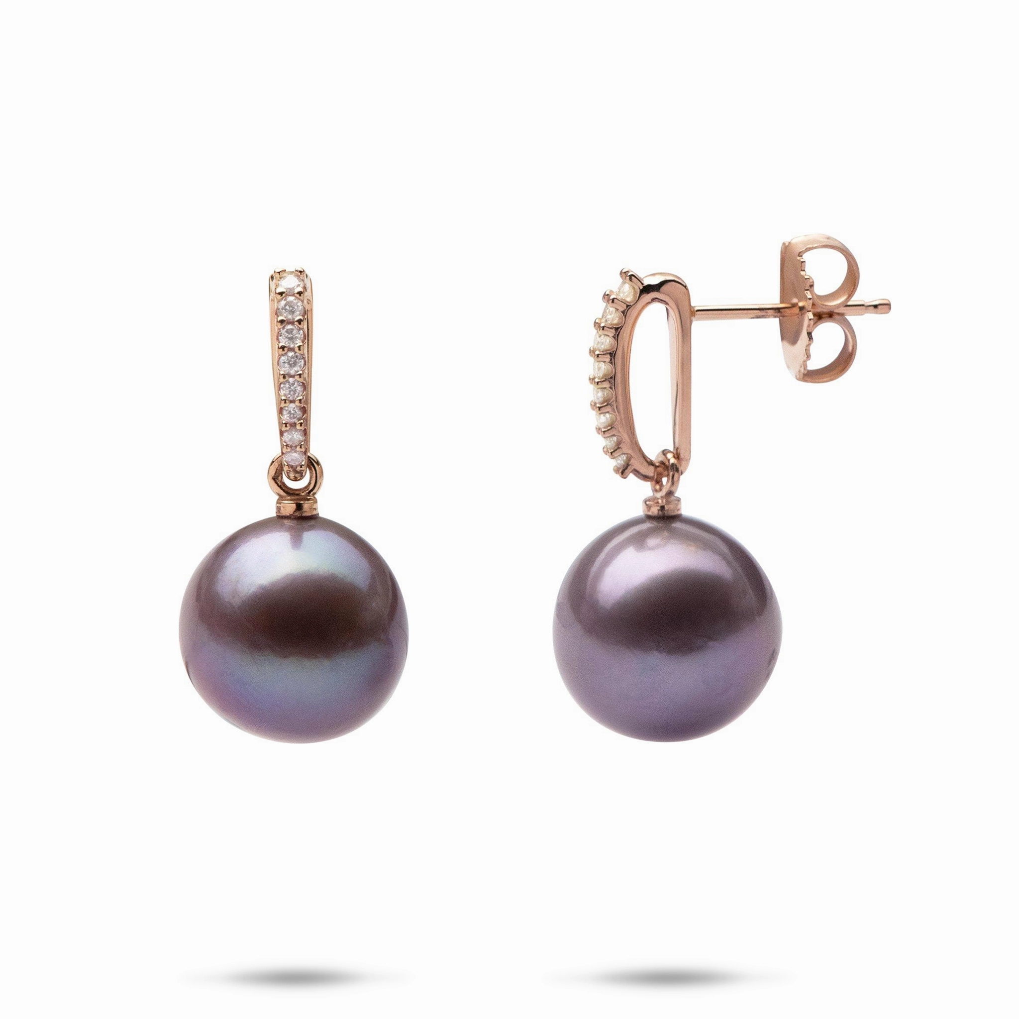 Ultraviolet Pearl Earrings in Rose Gold with Diamonds - 11-12mm Creative Jewelry