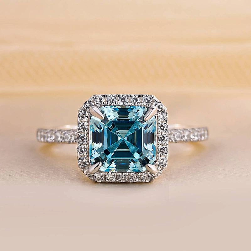 Louily Exclusive Halo Asscher Cut Light Aquamarine Blue Engagement Ring In Sterling Silver Refined Charm